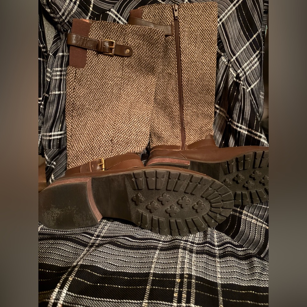 Brown Tweed Knee-High Boots with Buckle - Picture 3 of 6